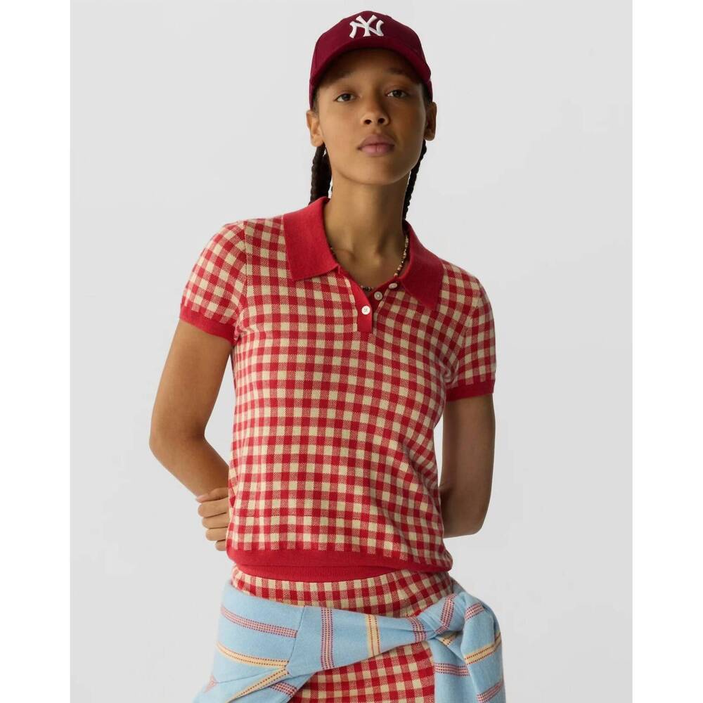 NEW GUEST IN RESIDENCE gingham shrunken polo shirt in scarlet mist